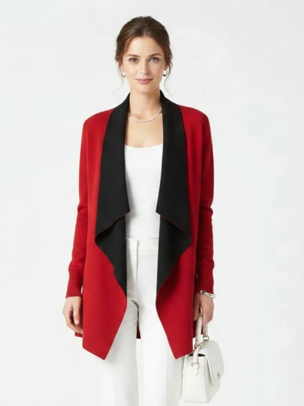 Chico’s Red & Black Woven Knit Open Drape‎ Front Jacket M